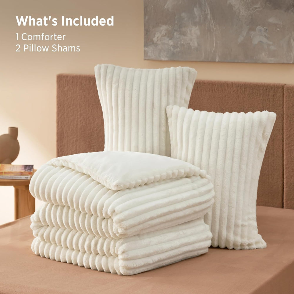 Bedsure Large Queen Comforter Set, Fluffy Bedding Set, Cream White, 3 Piece
