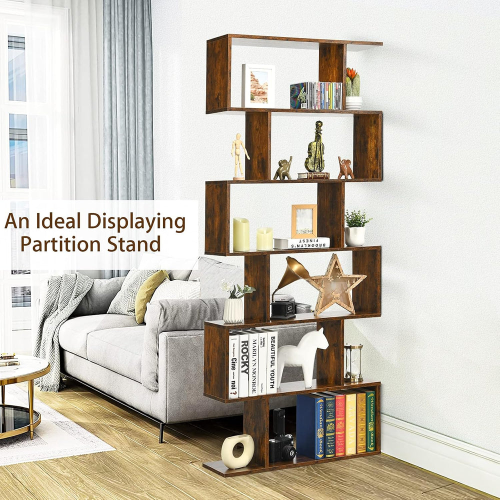 Tangkula 6 Tier S Shaped Bookshelf, 31.5''L x 9''W x 75'&...