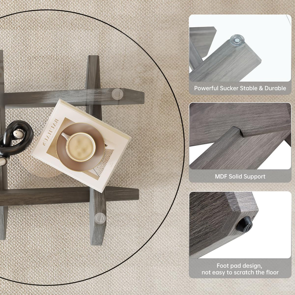 Gray Round Glass Coffee Table,33" Round Coffee Tables for Living Room Cl...