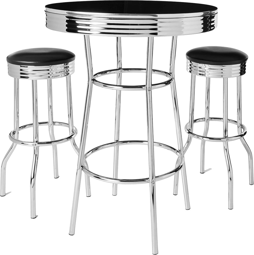 Crown Mark 3905Set Retro 3pc Bar Set w/ 2 stools Black and Chrome