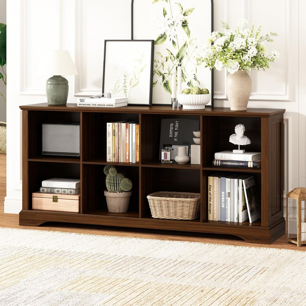 8 Cube Storage Organizer, 62" Long Low Horizontal Bookshelf,Walnut