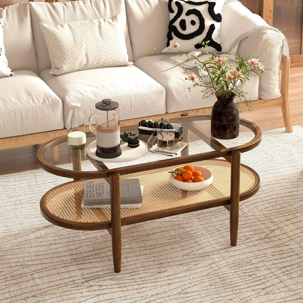 MAT EXPERT Rattan Coffee Table, 2 Tier Boho Oval Living Room Table w/Glass Ta...