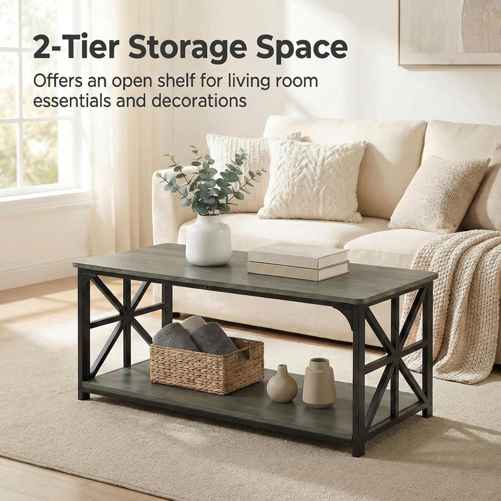COSTWAY 43" 2-Tier Industrial Coffee Table with Storage, Grey Oak+Black