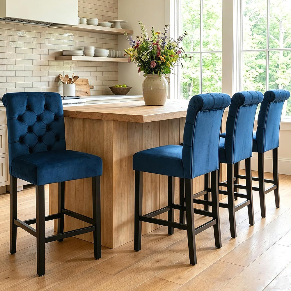 26" Blue Velvet Bar Stools Set of 4 with Button Tufted Back