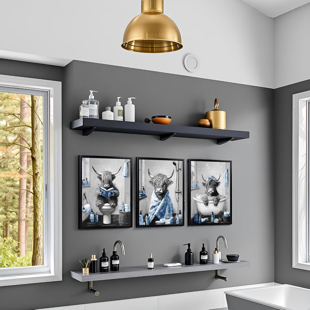 sechars Highland Cow Bathroom Wall Art, Grey and Blue