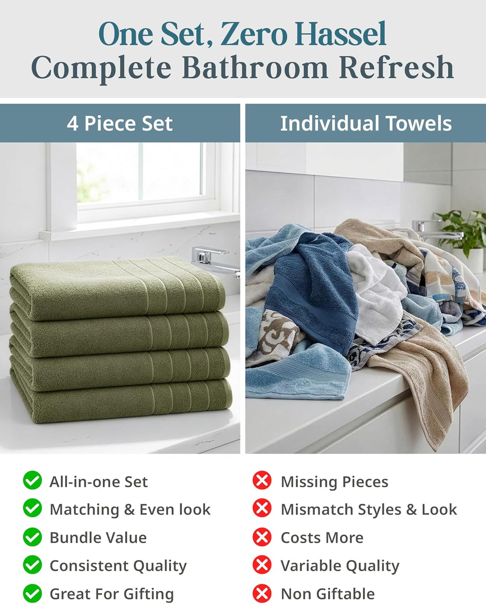 Casa Platino Large Bath Sheets 100% Cotton 4 Pack Quick Dry - Oil Green