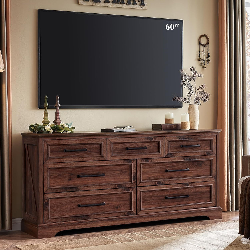 ACCOHOHO 7 Drawer Dresser, 52" Wide Farmhouse Chest for Bedroom, Brown