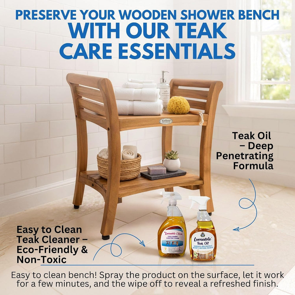 EcoDecors Symmetry 24-Inch Teak Shower Bench with Shelf