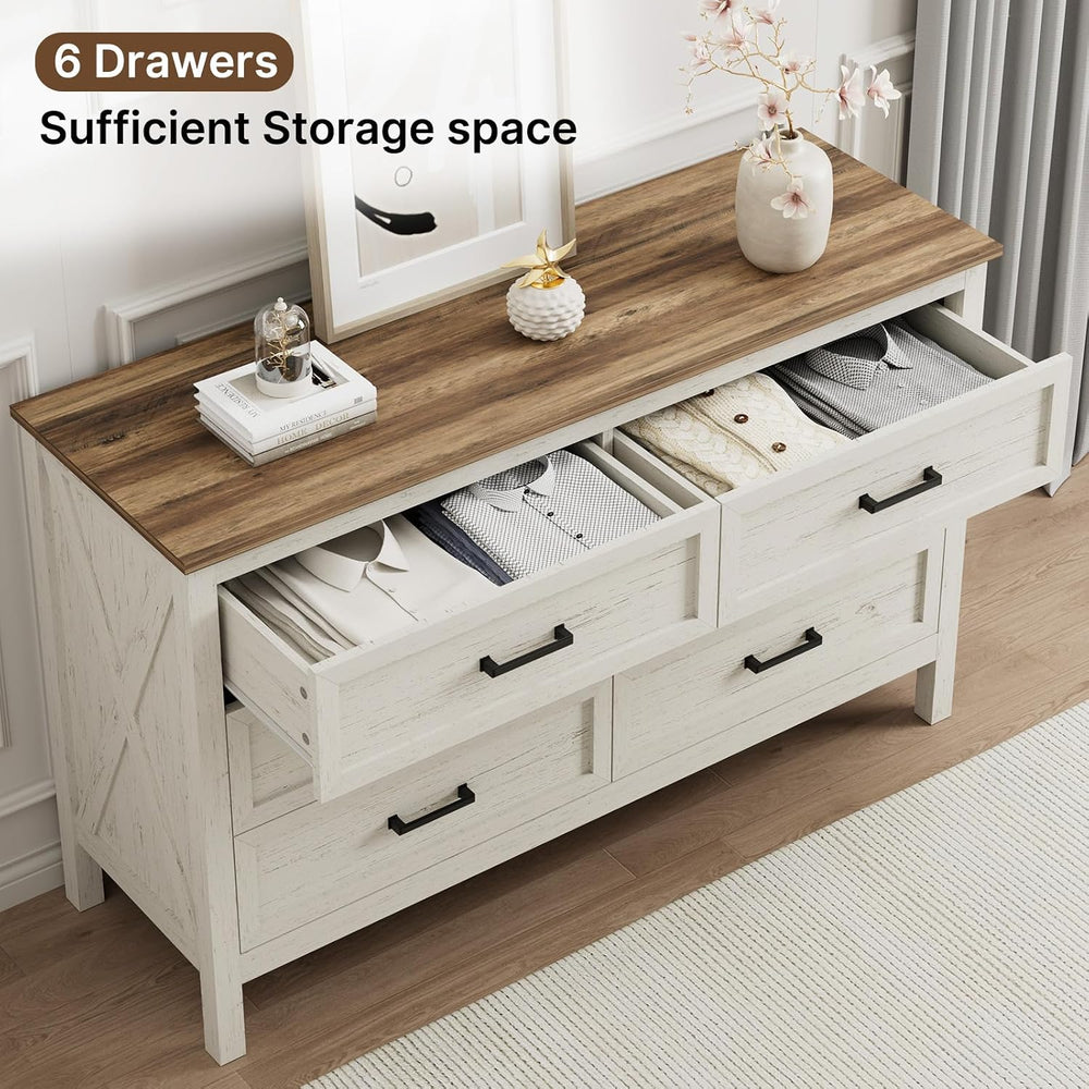 LYNSOM Farmhouse 6 Drawers Dresser for Bedroom, Wood Rustic Wide Chest of Dra...