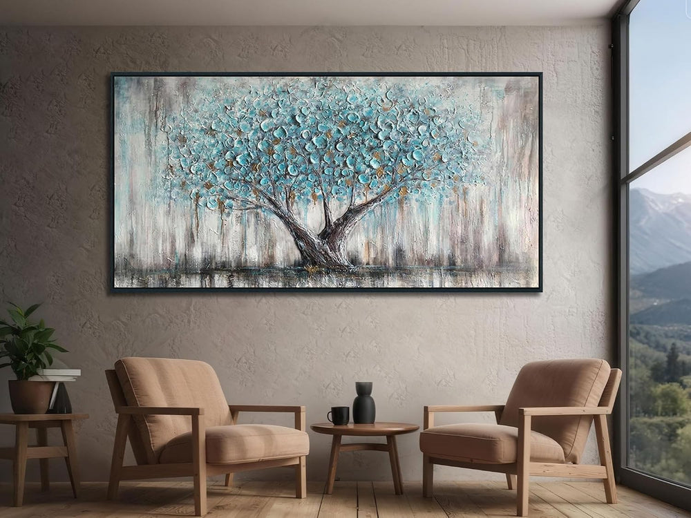 Arjun Framed Blue Tree Canvas Wall Art Extra Large Tree of Life Teal 58x29