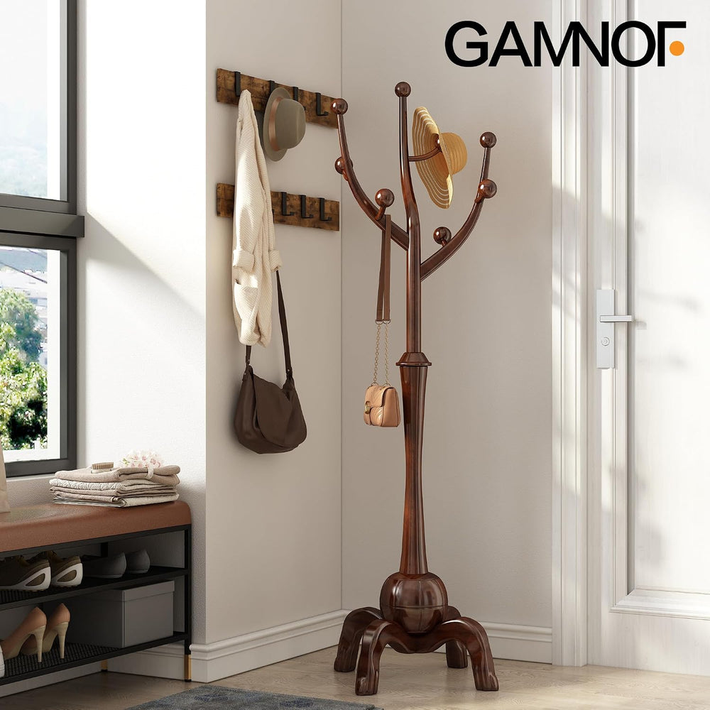 Wood Freestanding Coat Rack 8 Hooks Coat Tree Standing,Dark Walnut