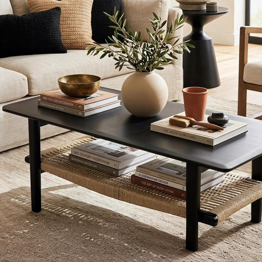 2-Tier Rattan Coffee Table, 47" Rectangle Wood Center Table, Black