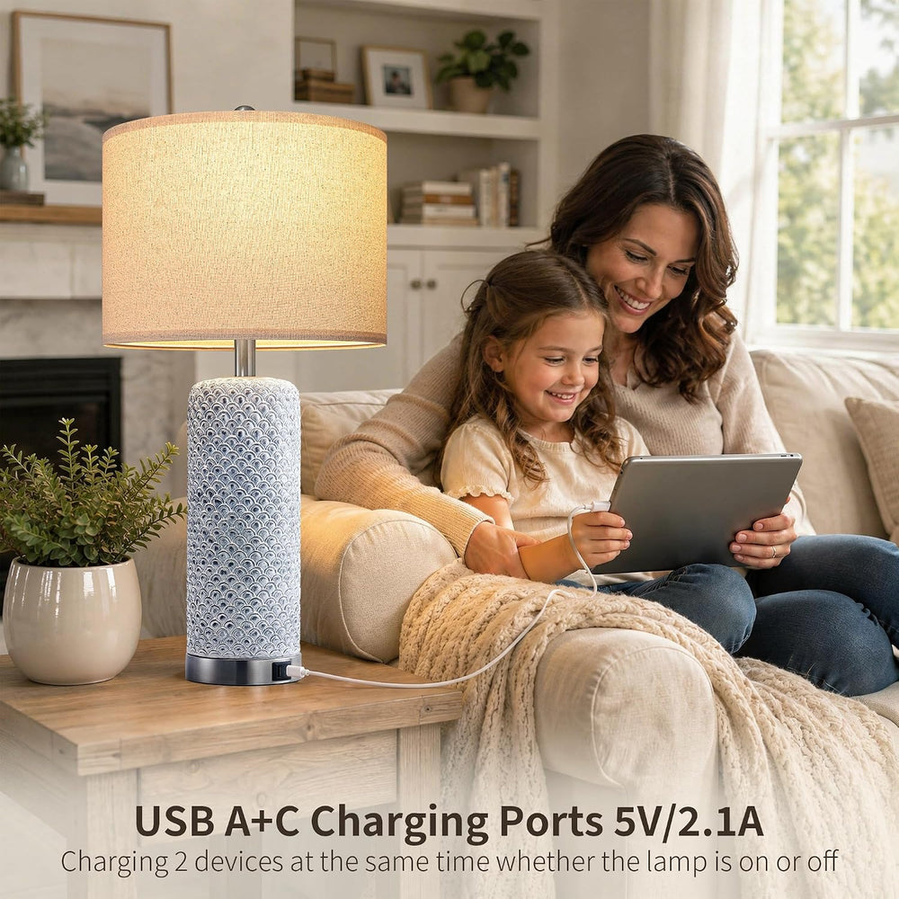 Farmhouse Table Lamps Set of 2 with USB A+C & 3-Way Touch Dimmable