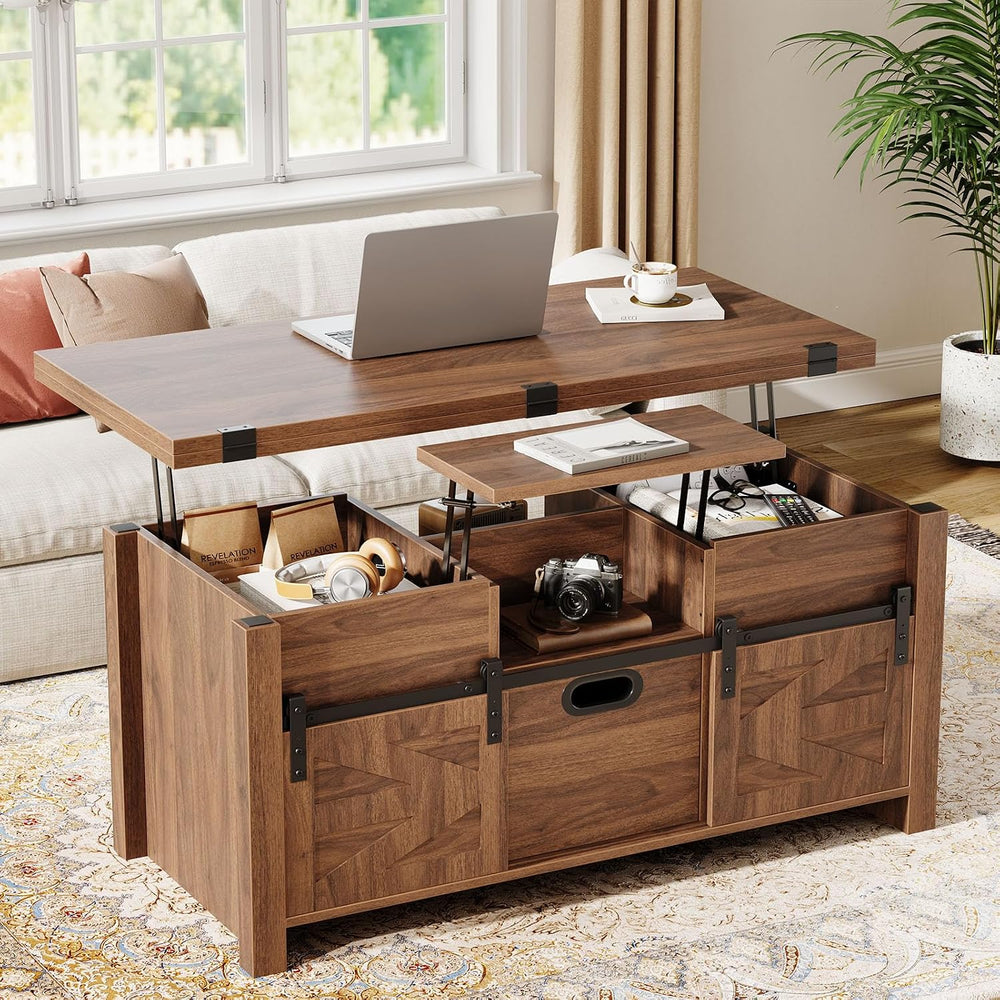 Memobarco 40" Farmhouse Lift Top Coffee Table with Storage Drawers,Walnut