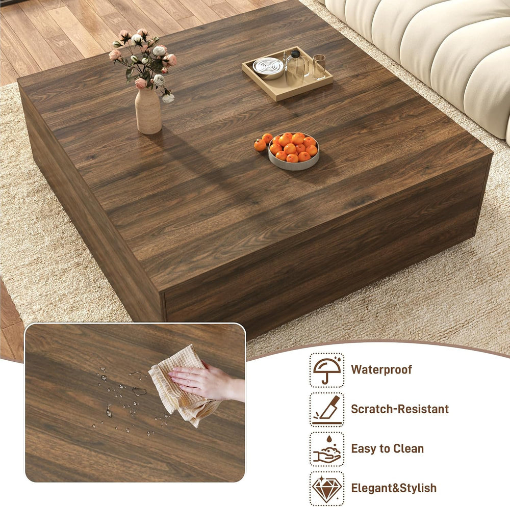 47 Inch Large Square Coffee Table with Storage,Wooden Coffee Table((Walnut)