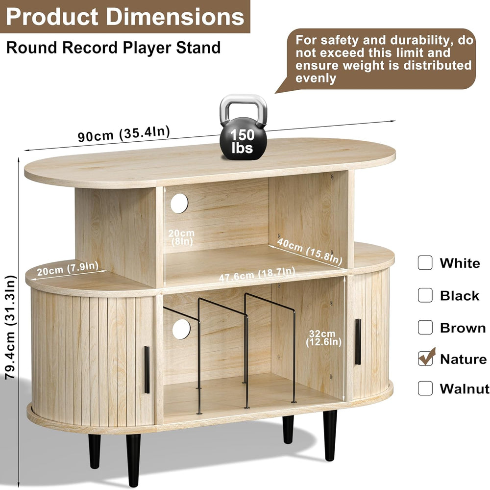 Large Record Player Stand with Storage and Shelves, Natural
