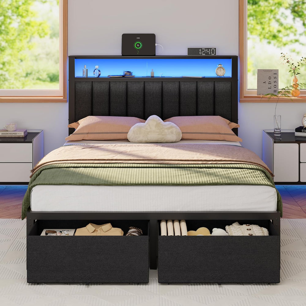 Furnulem Full Size Bed Frame with Storage Drawers and Upholstered Headboard