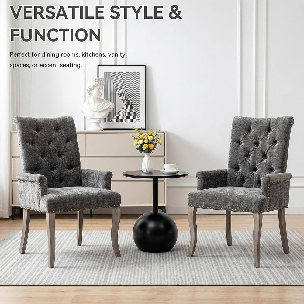 Farmhouse Upholstered Dining Chair with Arms & Nailhead Trim, Tufted Chen...