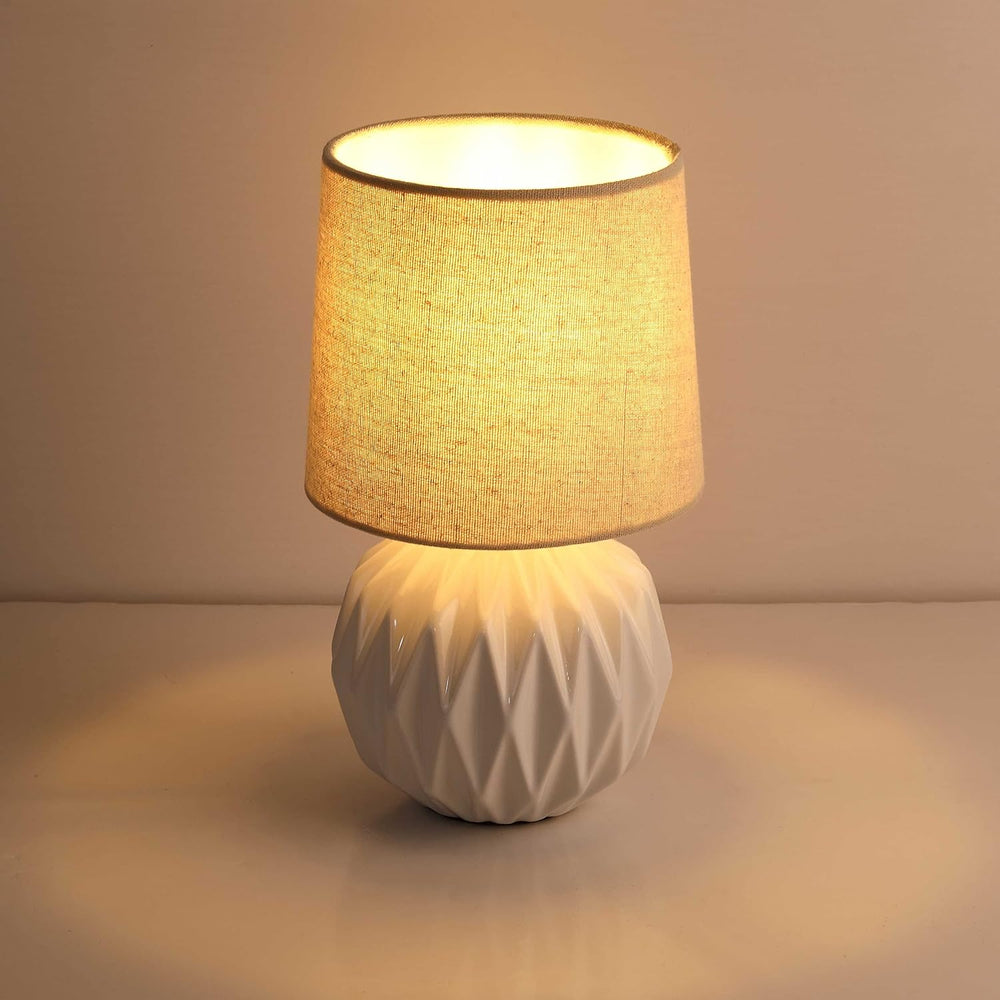 White Ceramic Table Lamp, Geometric Textured Small Bedside Lamp with Linen Sh...