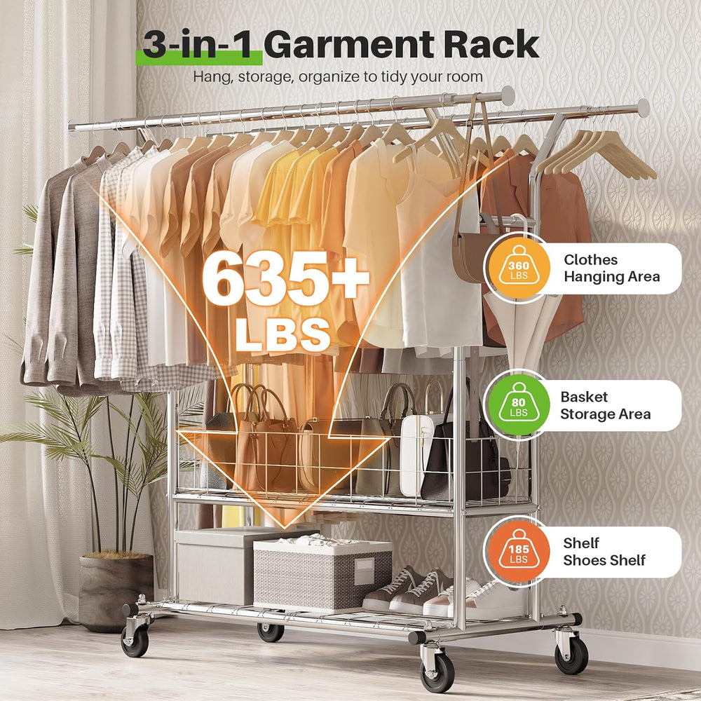 HOKEEPER Heavy Duty Clothes Rack Load 635 LBS Height Adjustable Double Rod