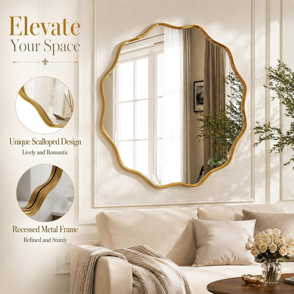 VooBang Gold Scalloped Circle Mirror, 20" Wavy Edge Round Wall Mirror