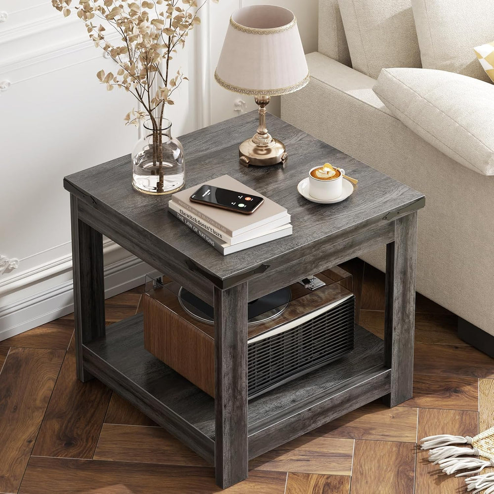 Homieasy 20" End Table with Storage Shelf, Farmhouse Bedside Table, Grey