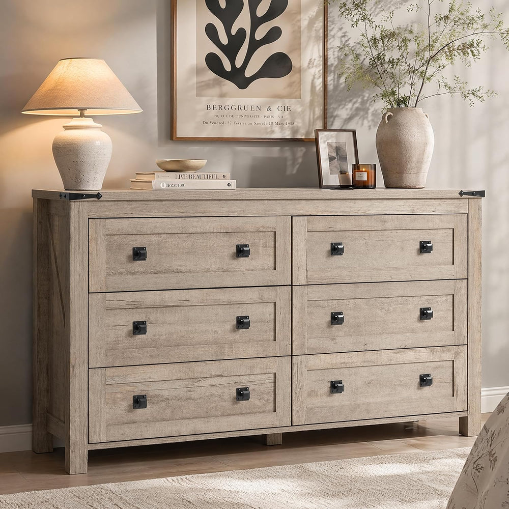 RedLemon Farmhouse 54" 6-Drawer Dresser for Bedroom, Light Rustic Oak