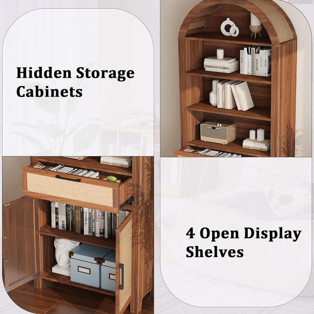 Janmer Home 79" Tall Arched Bookcase Cabinet with Doors, Walnut,Rattan