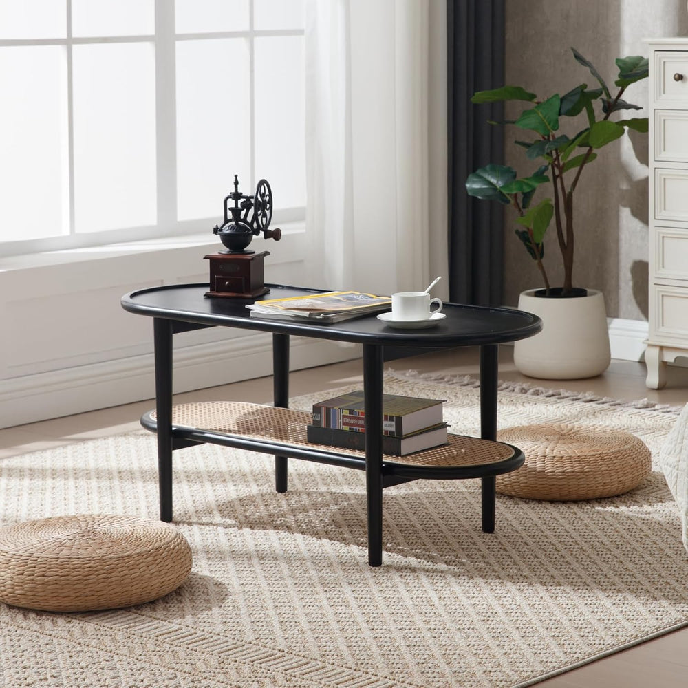 Black Rattan Coffee Table, 39.5" Oval Center Table with Storage Shelf, M...