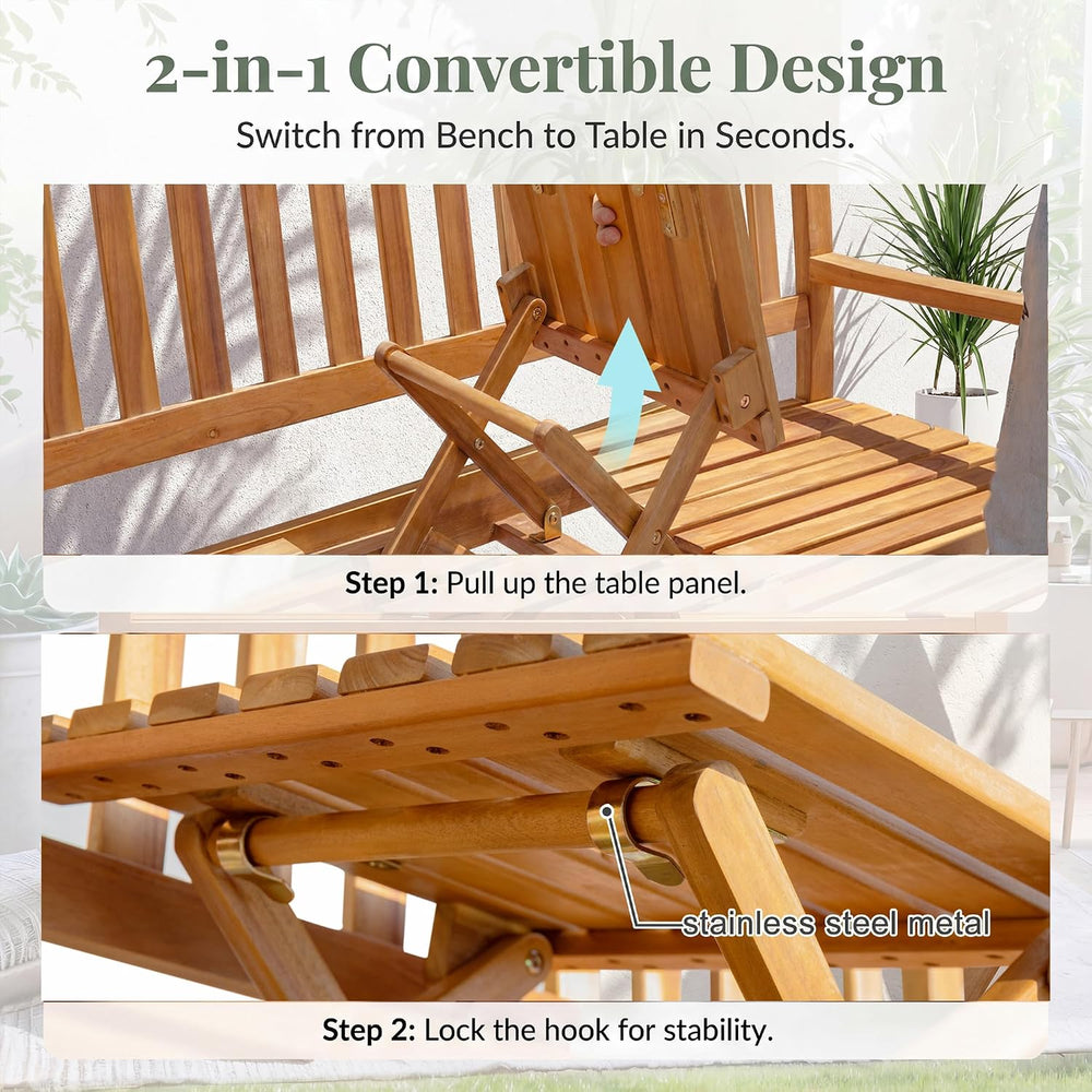 Devoko Acacia Wood Outdoor Bench, 2-Person Garden Bench with Pull-Out Table