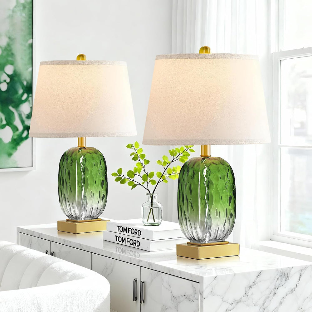 Green Glass Table Lamp Set of 2 Touch Control, 2 USB Ports, Dimmable