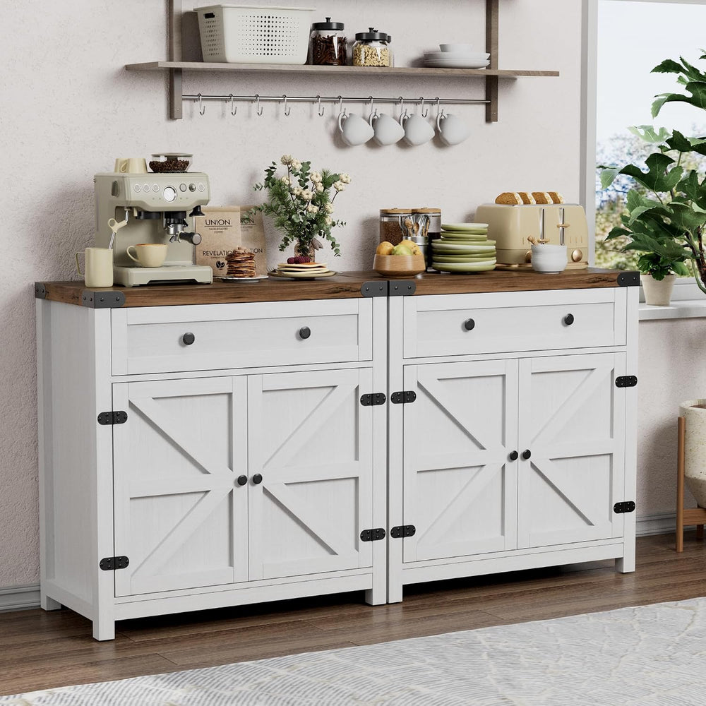 YESHOMY Farmhouse Coffee Bar Accent Cabinet Barn Doors,Rustic Brown White