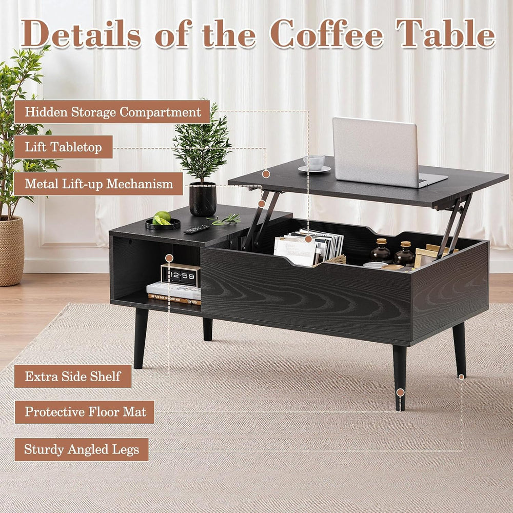 OLIXIS Wood Lift Top Coffee Table with Hidden Compartment and Storage Shelf