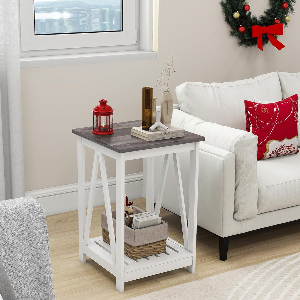 End Table, Farmhouse Square Side Table with Slat Shelf, 15.7" Oak White