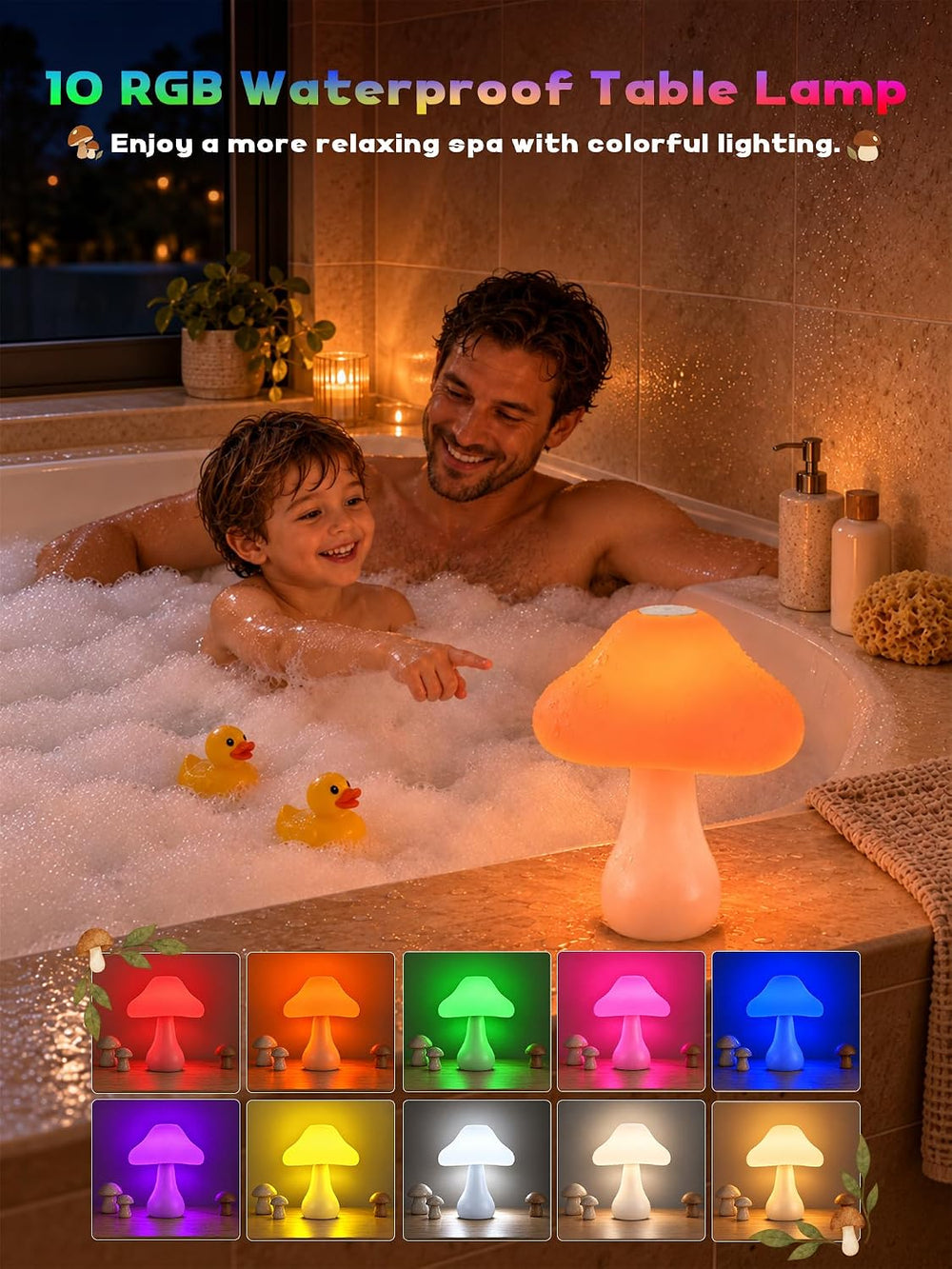 Mushroom Lamp, 10 Colors RGB+10 Brightness Rechargeable Bedside Table Lamp