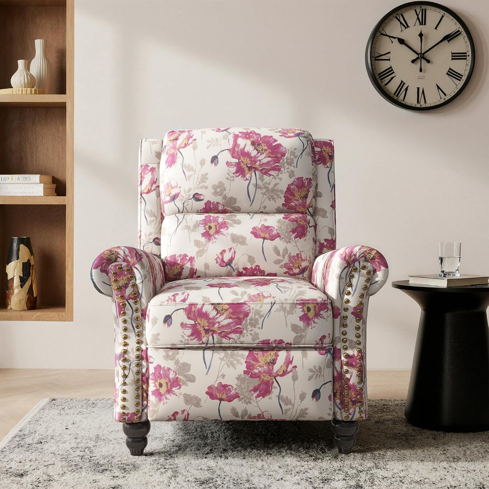 Pushback Recliner Chair, Modern Wingback Recliner, Floal Beige
