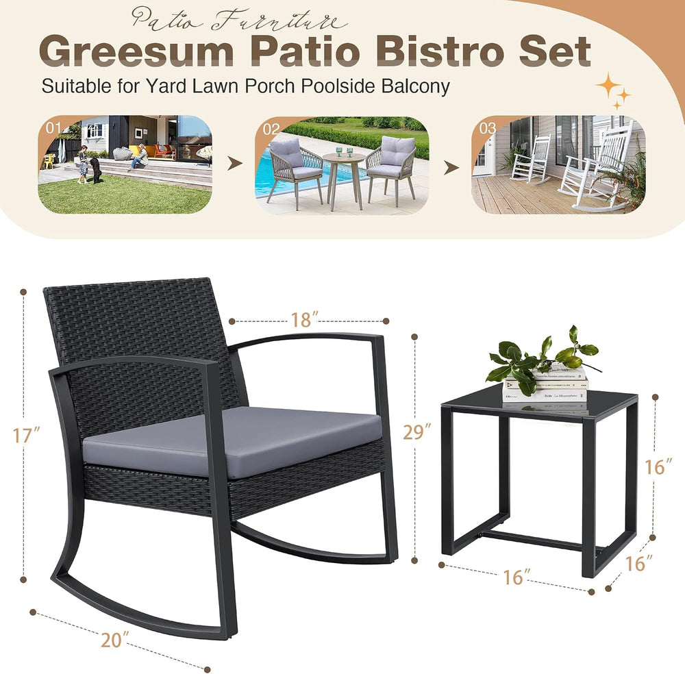 Greesum 3 Pieces Outdoor Furniture Set Patio Bistro Rocking Chairs with Glass...