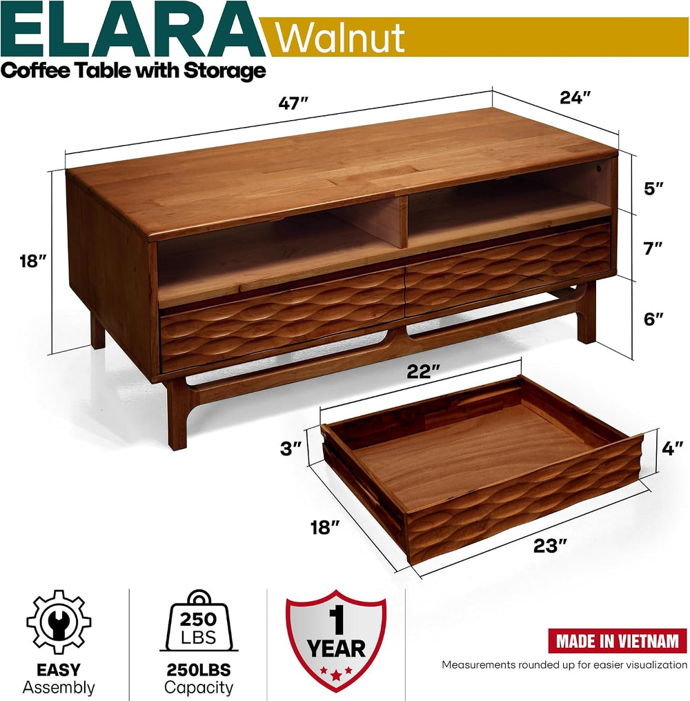 Acacia Elara 47" Wood Coffee Table with Open Shelf & 2 Drawers, Walnut