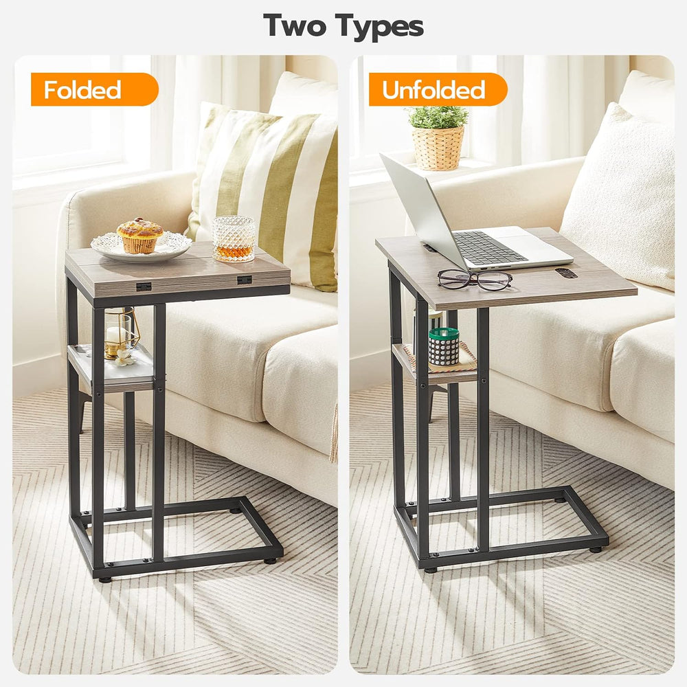 HOOBRO Foldable C Shaped End Table, C Shaped Side Table with Storage Shelf