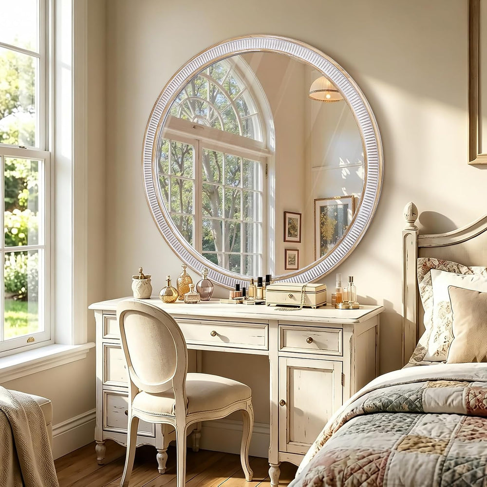 30 Inch Wooden Round Mirror for Wall Decor, Rustic Distressed Mirrors