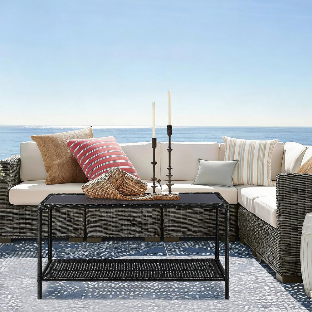 2-Tier All Weather Rattan Wicker Outdoor Coffee Side Table with Glass Top