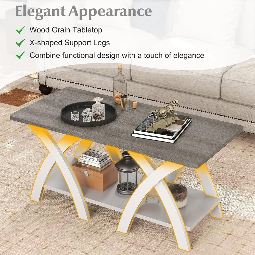GIANTEX Farmhouse Coffee Table, 2-Tier Wood Center Table with Storage Shelf &...