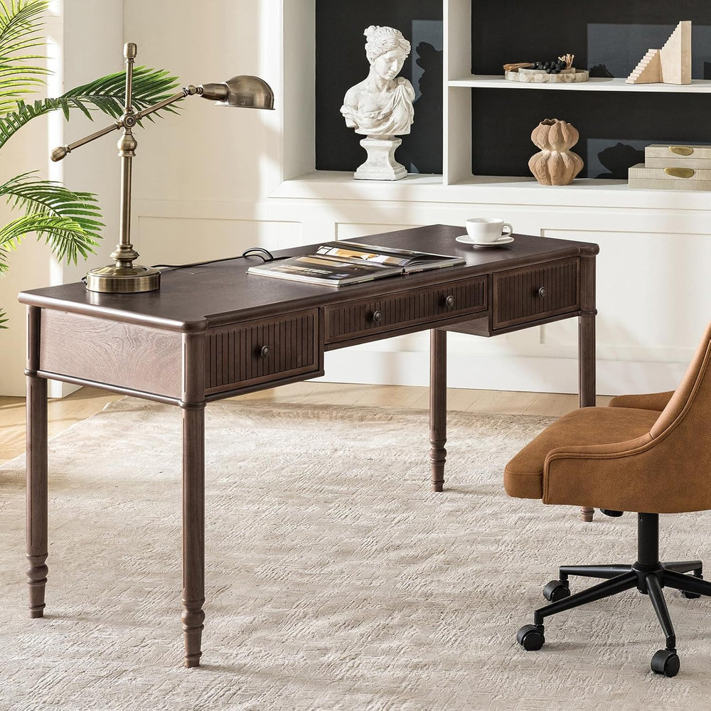 HULALA HOME 60 Inches Fluted Writing Desk with Charging Station, Walnut
