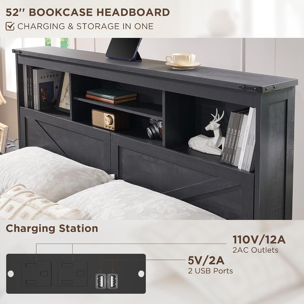 ACCOHOHO Farmhouse King Size Bed Frame with 52" High Storage Bookcase He...