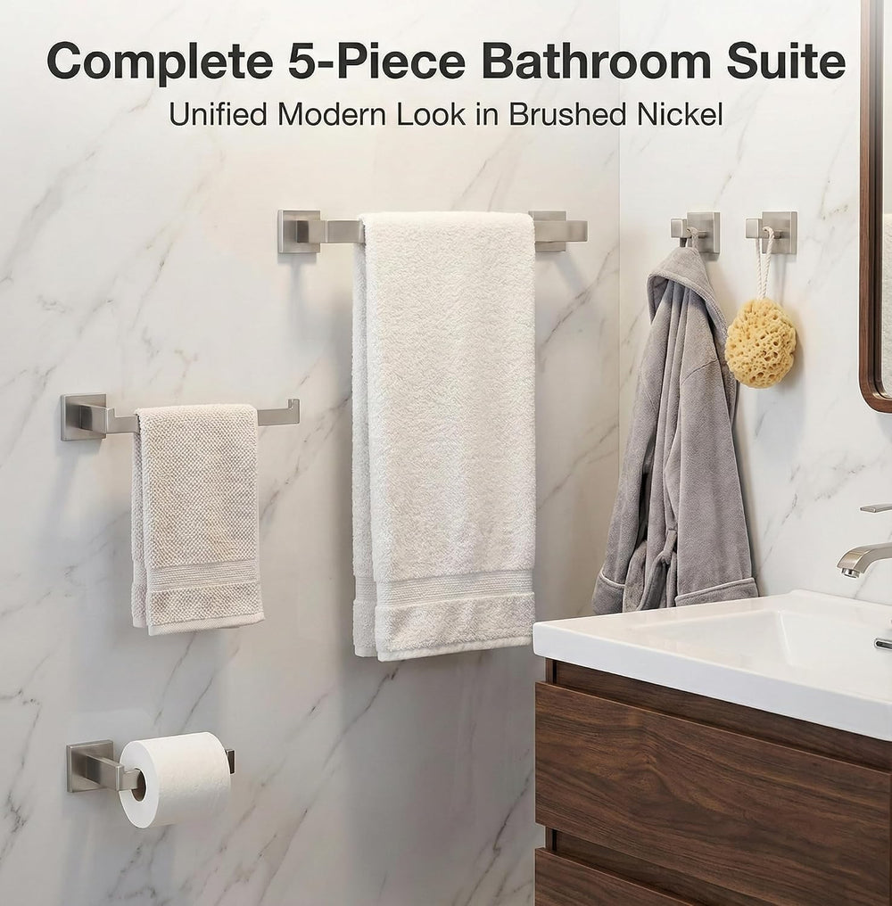 5-Piece Bathroom Hardware Set, 16 in Towel Bar, Brushed Nickel