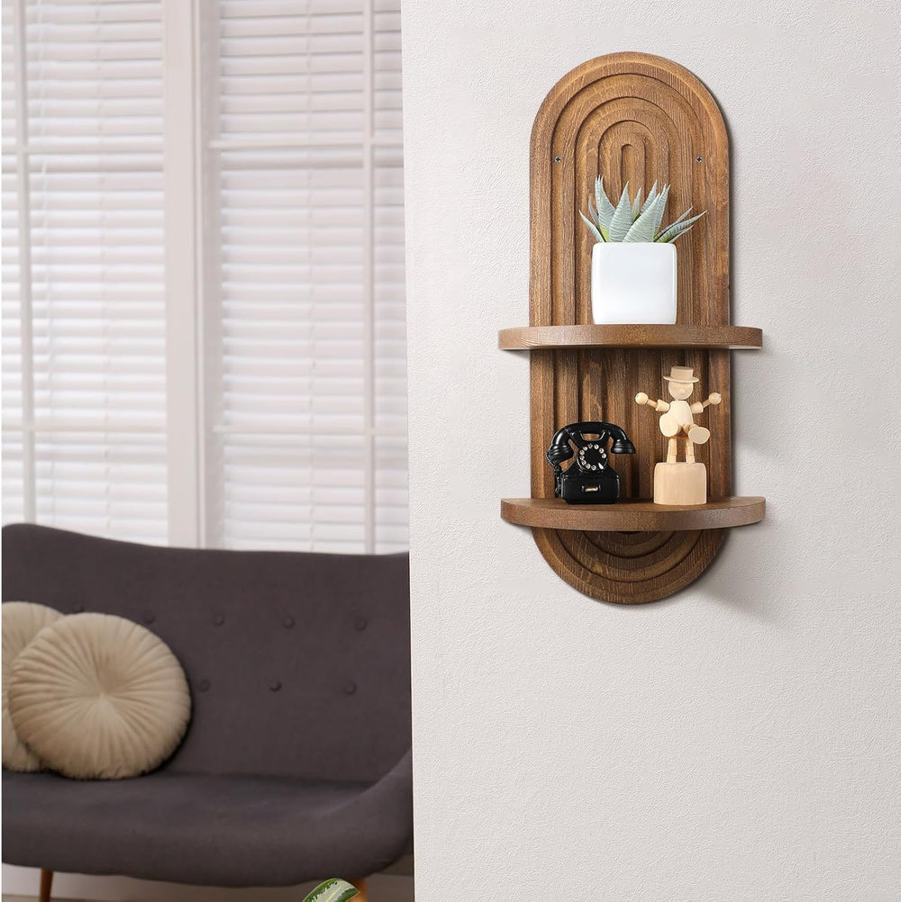Wenqik 2 Pcs Boho Wall Shelf Rainbow Arch Wooden Floating Shelf, Brown