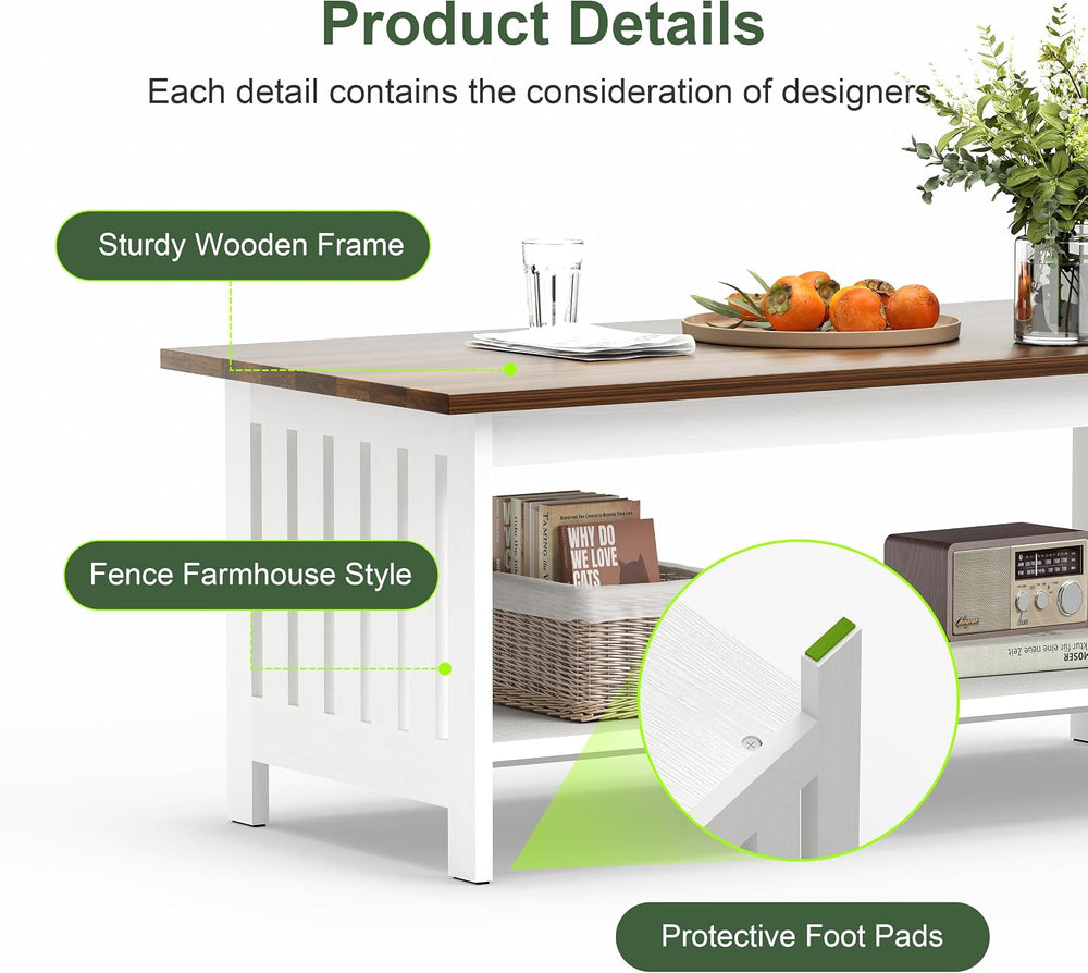 YOSHOOT 39.4" Farmhouse Coffee Table, Small Coffee Tables for Living Room