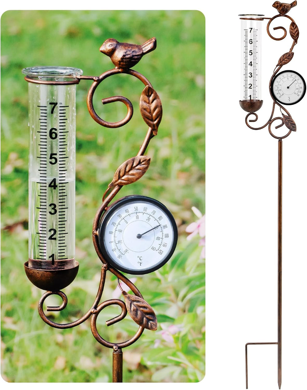 36in Bird Rain Gauge Thermometer Bronze Metal Garden Stake Decor