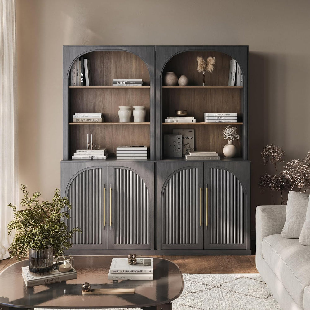 BELLEZE Set of 2 Tall Arched Storage Cabinet with Hutch, Freestanding Display...