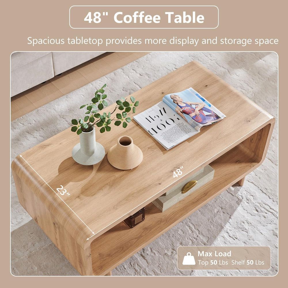 IFGET 48" Modern Coffee Table, 2-Tier Curved Center Table, Natural Oak